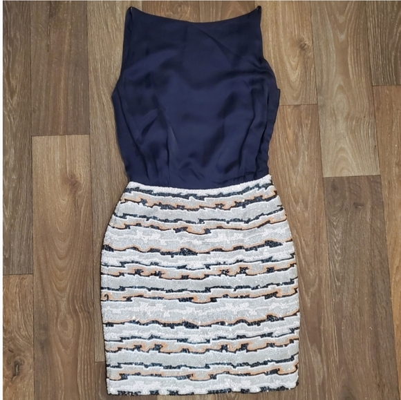 Blaise Kavanagh Silk Sequin Cocktail Dress Black Draped Back Striped Sleeveless - Picture 10 of 10